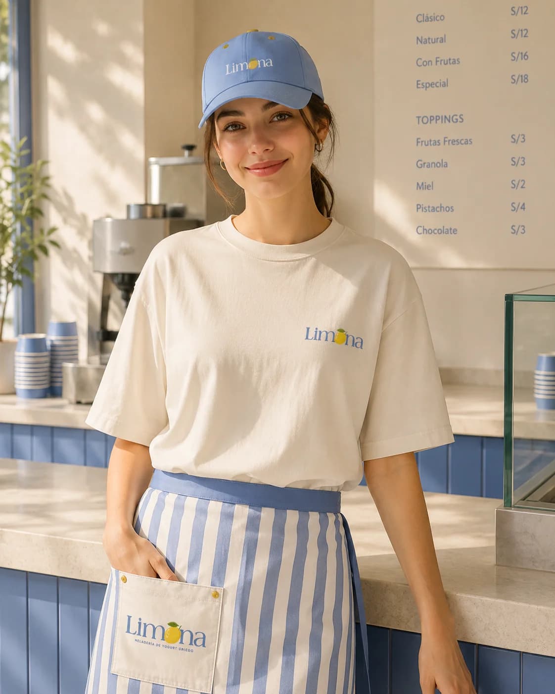 Smiling staff member in a Limona cap, T-shirt and striped apron