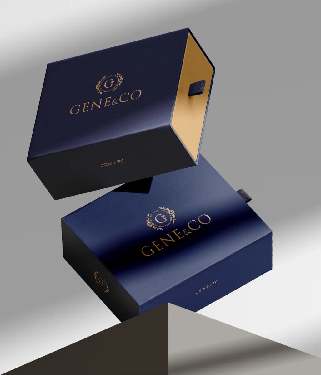 Navy Gene&Co jewellery boxes with gold foil