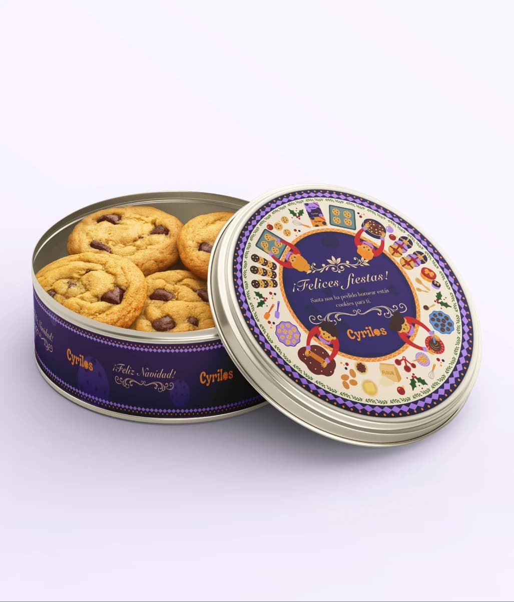 Cyrilos Christmas tin with cookies and an illustrated lid