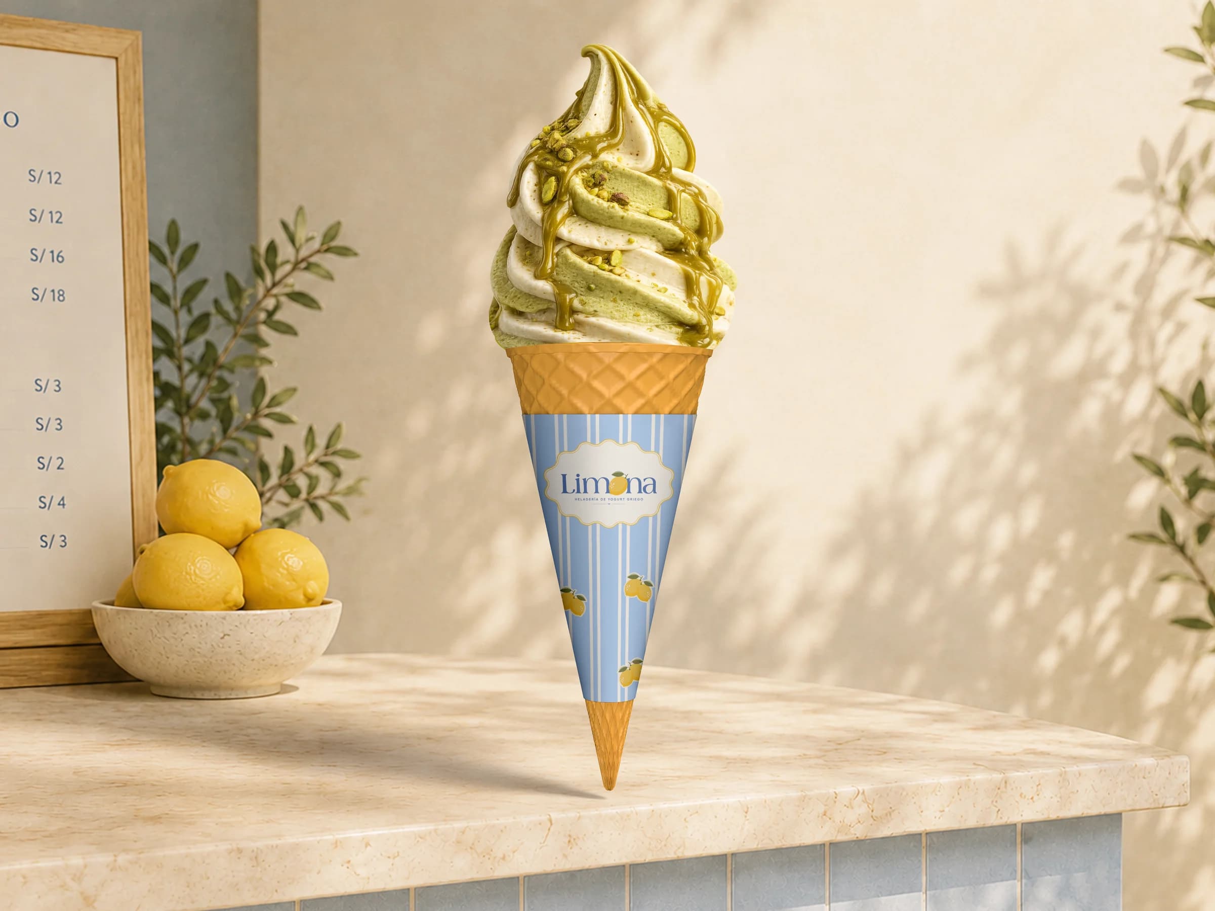 Limona cone with pistachio ice cream on a counter next to lemons