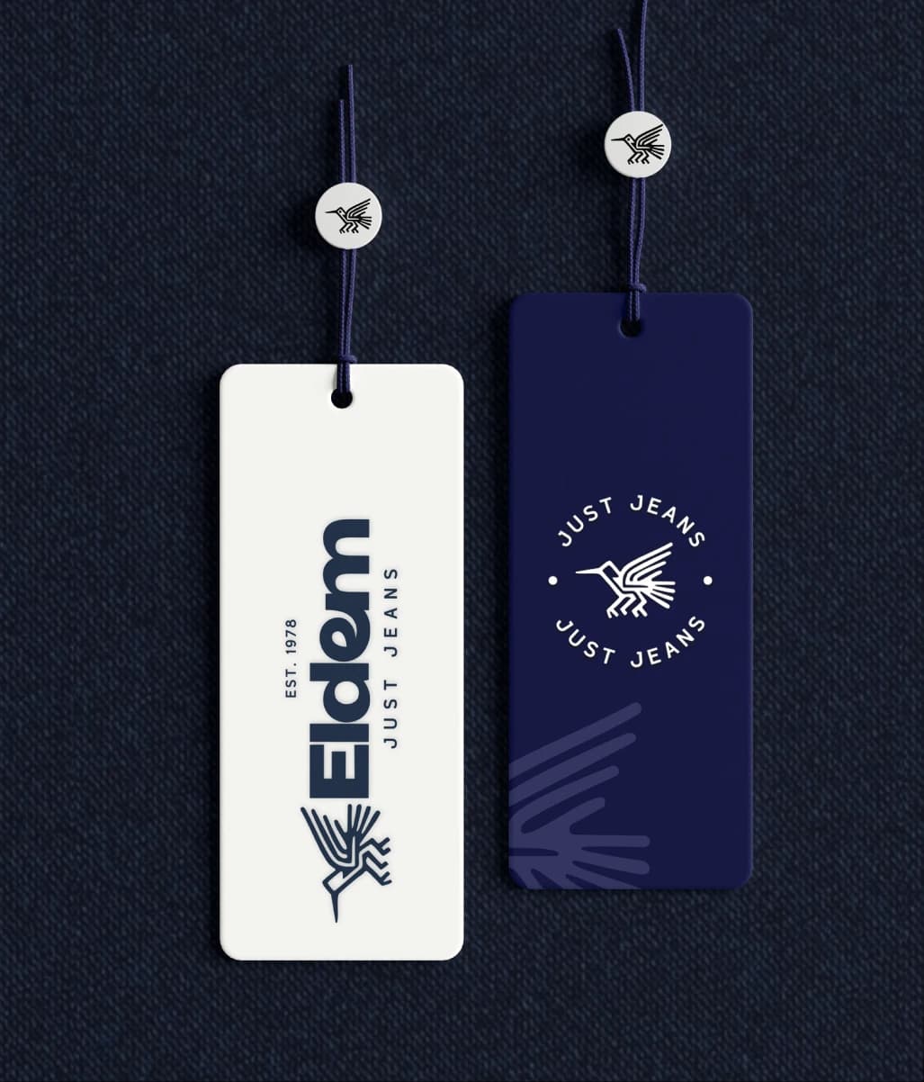 Eldem hang tags in white and navy with a hummingbird symbol