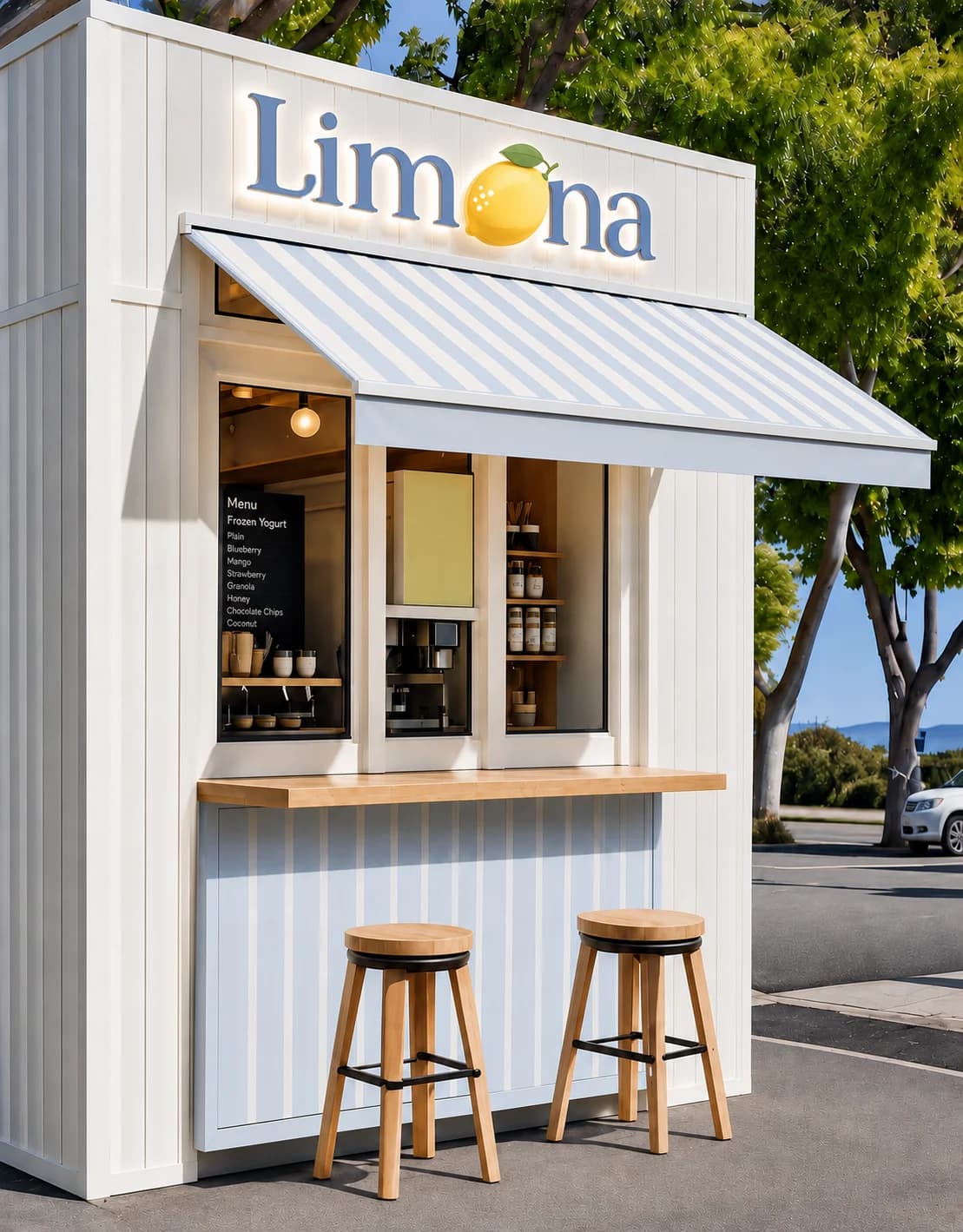 Limona kiosk with a blue striped awning and the logo on the front