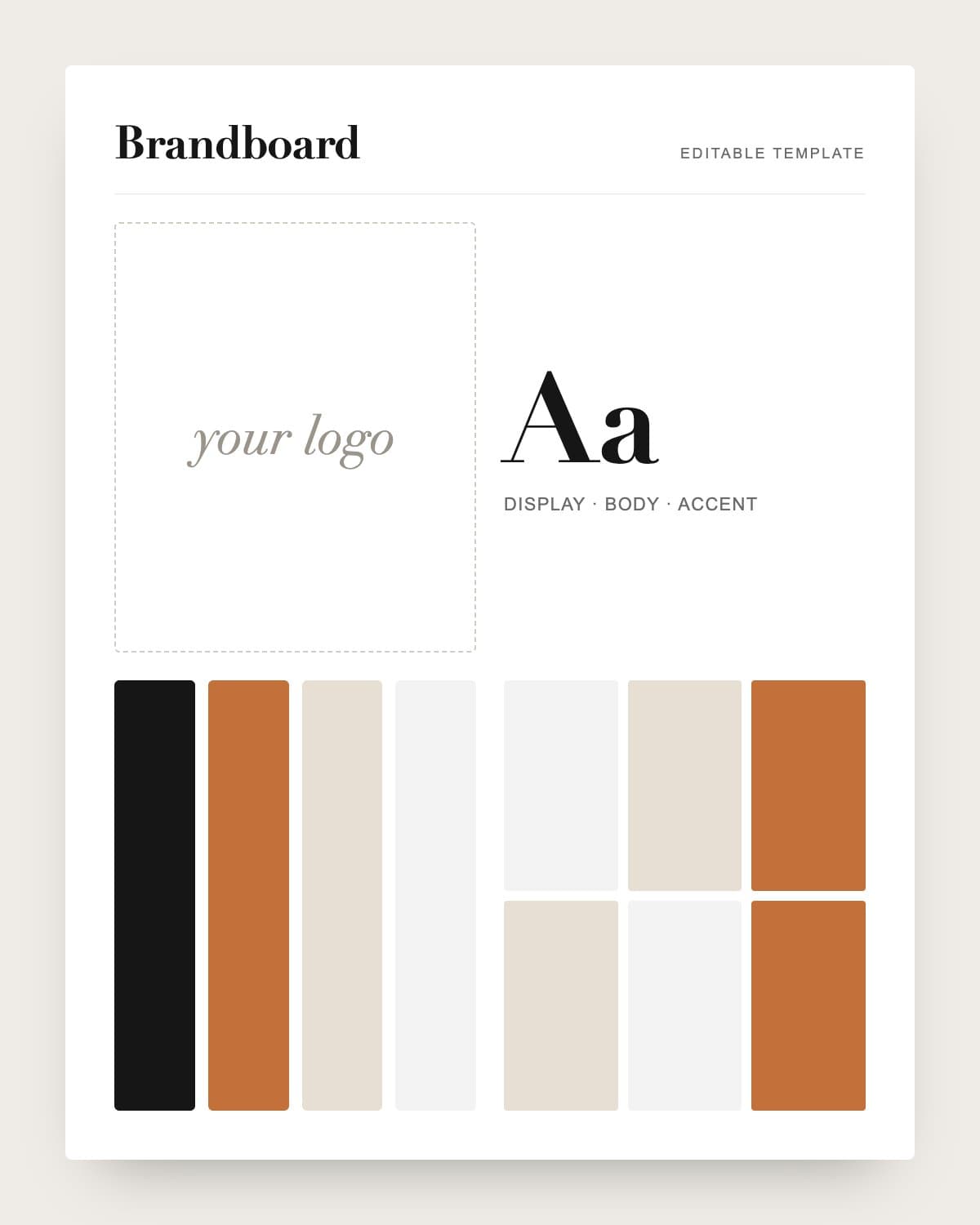 Editable brandboard template with logo, typography and colours
