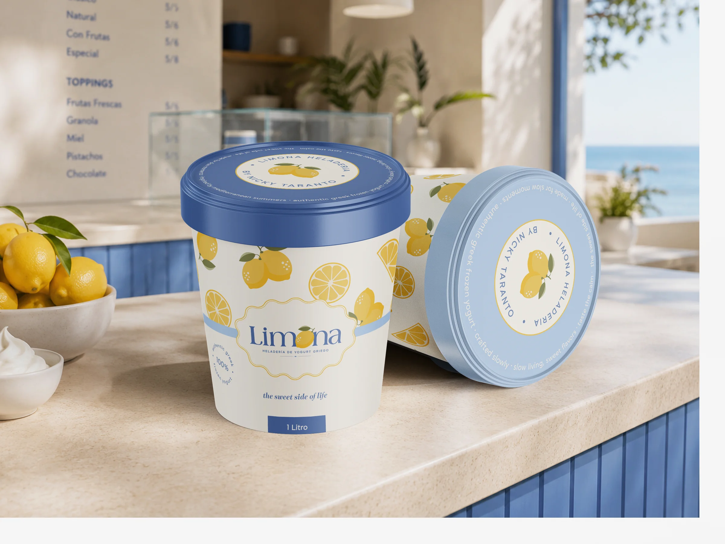 Limona one-litre tubs with a lemon pattern on a counter